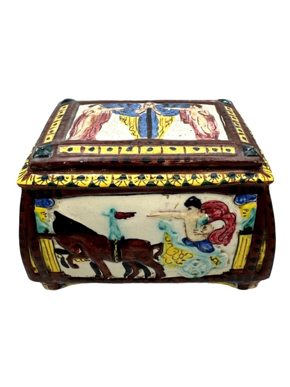 Vintage Italian Faience Lidded Box Trinket Storage Roman Mythology Style Pottery - Picture 6 of 15